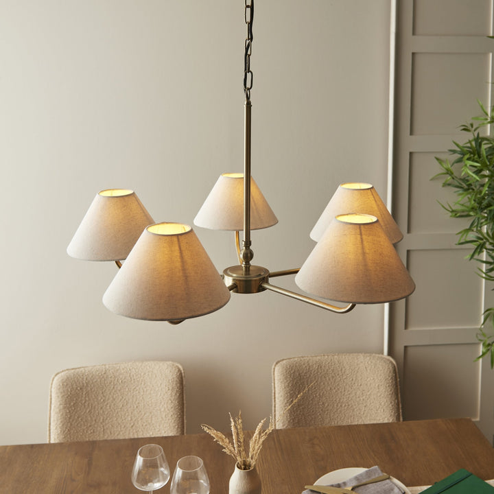 Endon 117833 Lille 5 Light Pendant Antique Brass Plate & Natural Faux Linen