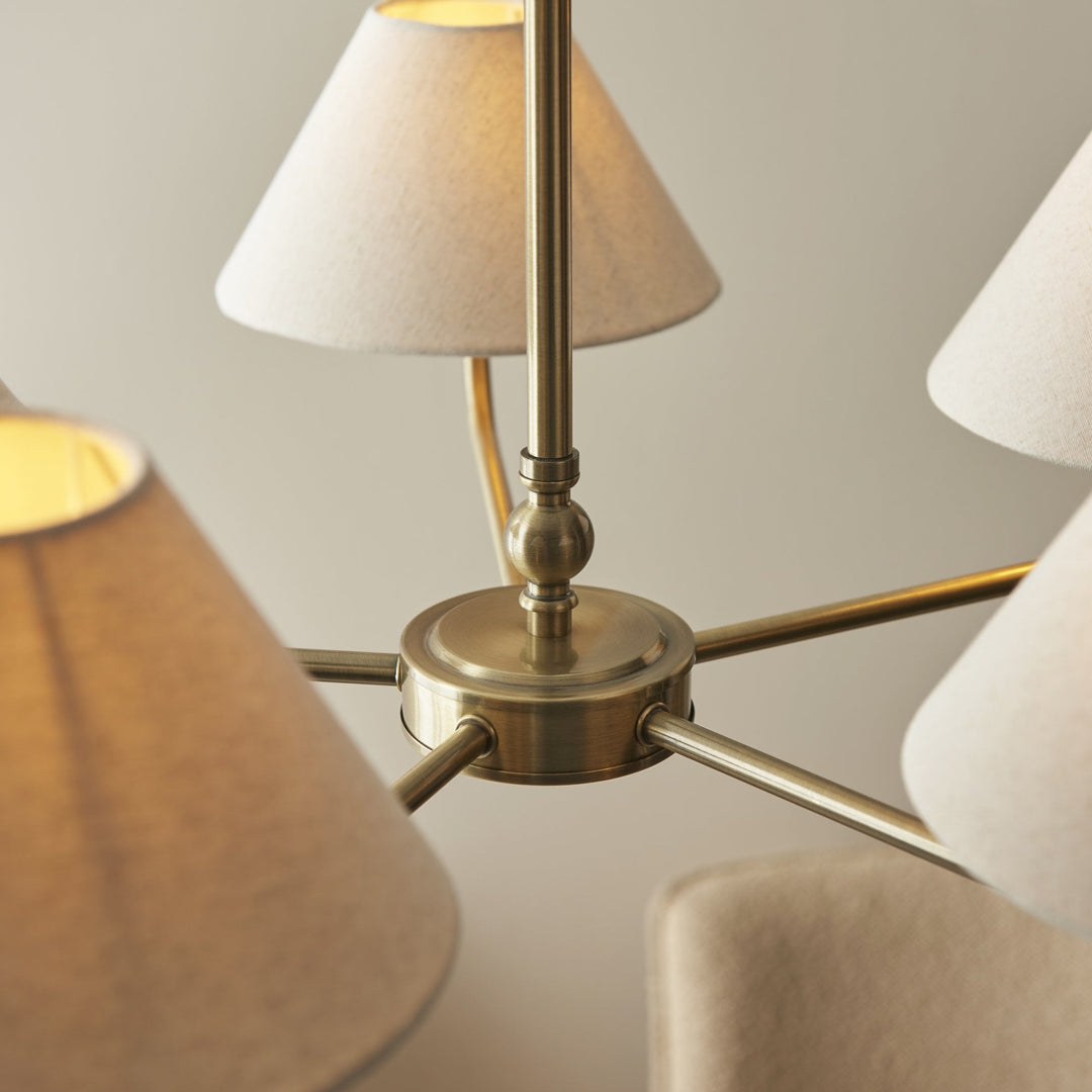 Endon 117833 Lille 5 Light Pendant Antique Brass Plate & Natural Faux Linen