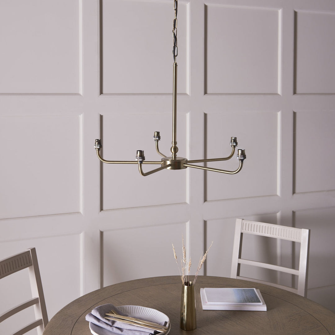 Endon 117833 Lille 5 Light Pendant Antique Brass Plate & Natural Faux Linen