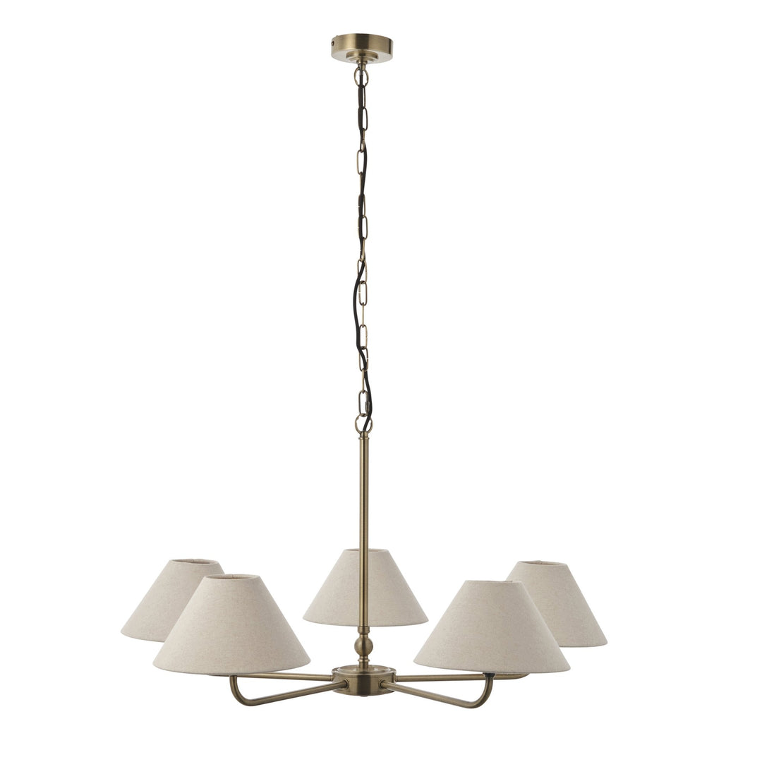 Endon 117833 Lille 5 Light Pendant Antique Brass Plate & Natural Faux Linen