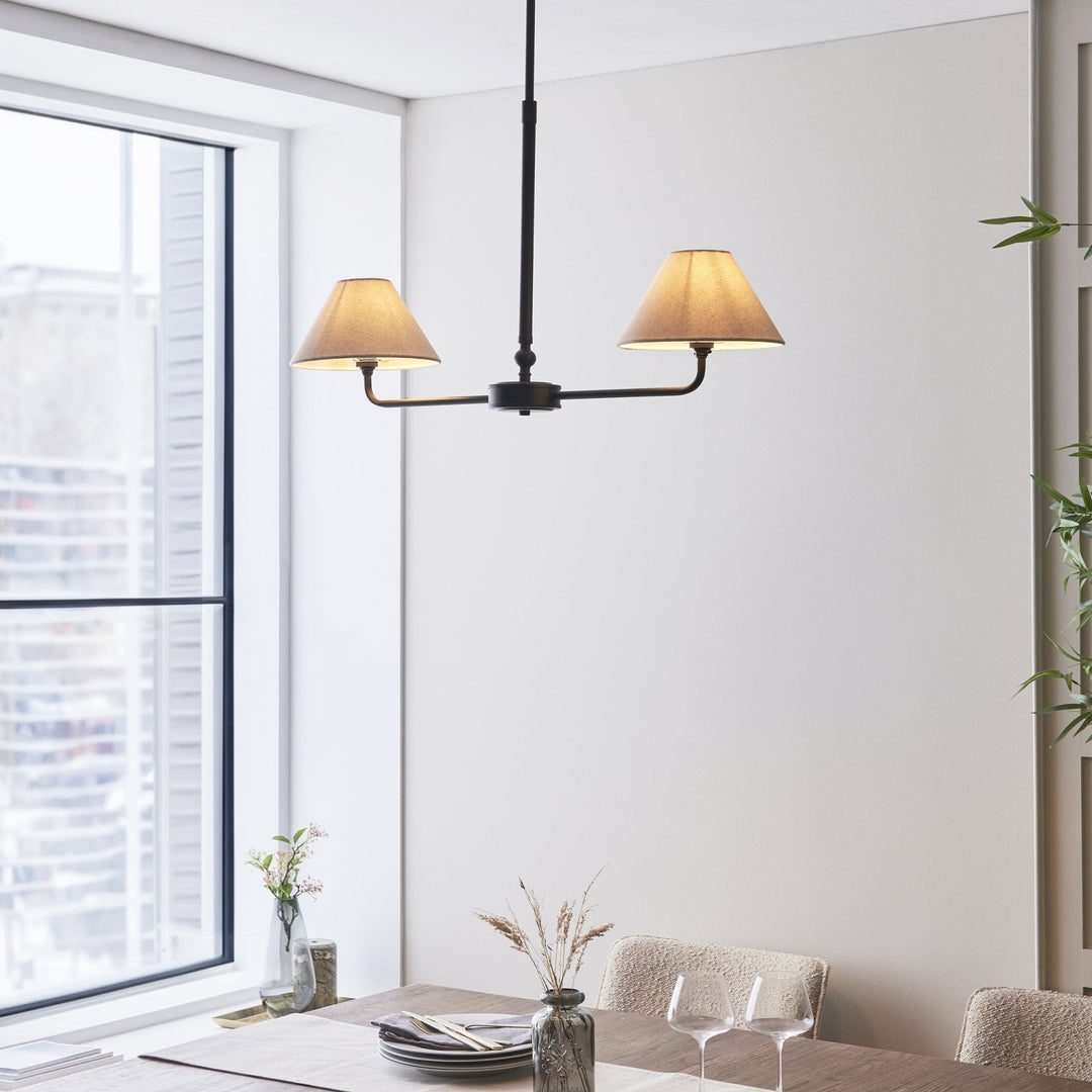 Endon 117834 Lille 2 Light Linear Pendant Matt Black & Natural Faux Linen