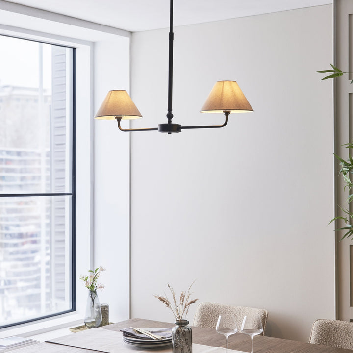 Endon 117834 Lille 2 Light Linear Pendant Matt Black & Natural Faux Linen