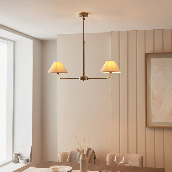 Endon 117835 Lille 2 Light Linear Pendant Antique Brass Plate & Natural Faux Linen
