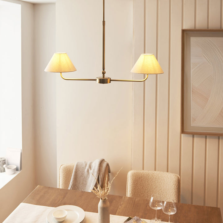 Endon 117835 Lille 2 Light Linear Pendant Antique Brass Plate & Natural Faux Linen