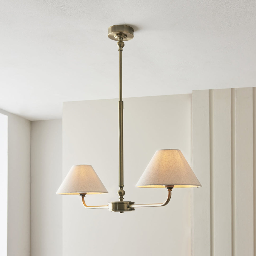 Endon 117835 Lille 2 Light Linear Pendant Antique Brass Plate & Natural Faux Linen