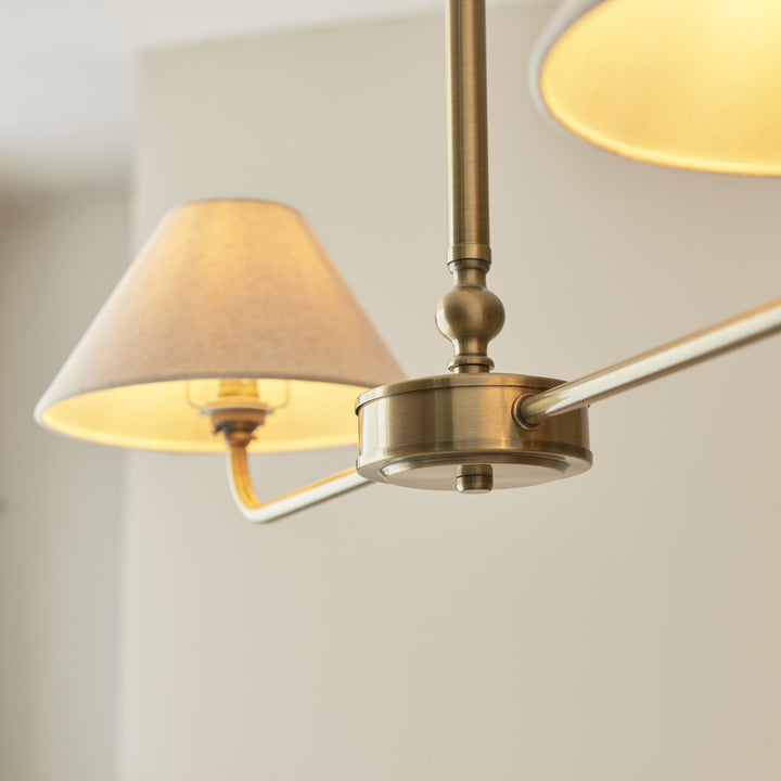 Endon 117835 Lille 2 Light Linear Pendant Antique Brass Plate & Natural Faux Linen