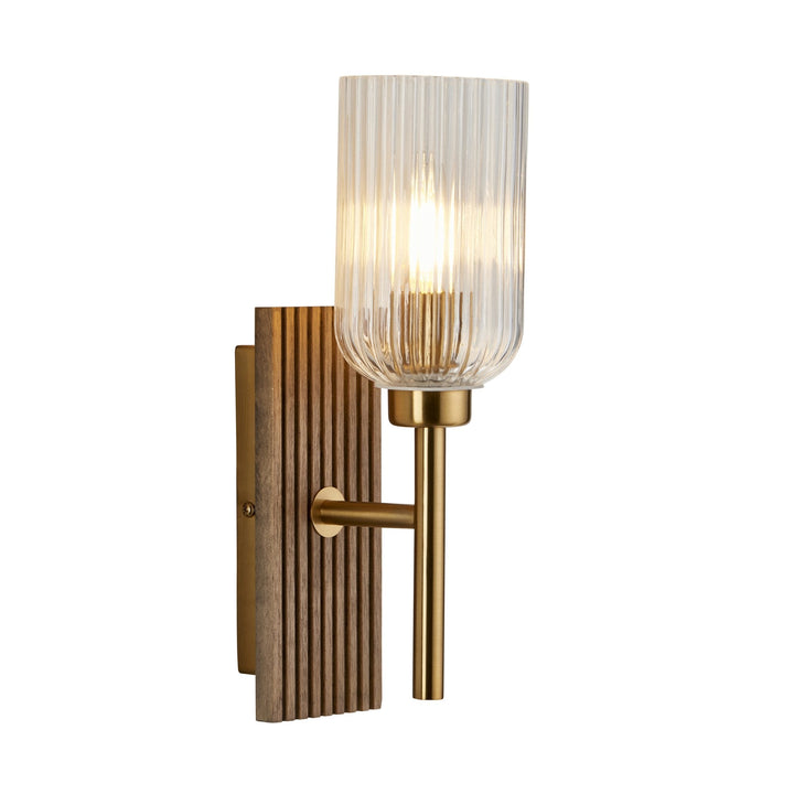 Endon 118365 Grove Wall Light Dark Beechwood & Vintage Brass With Clear Ribbed Glass