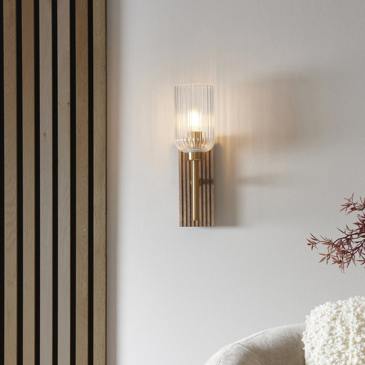 Endon 118365 Grove Wall Light Dark Beechwood & Vintage Brass With Clear Ribbed Glass
