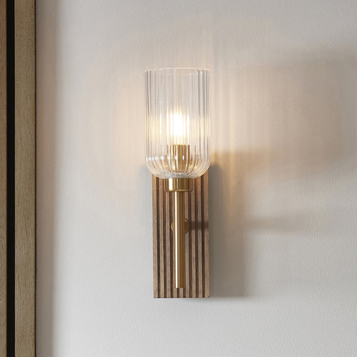 Endon 118365 Grove Wall Light Dark Beechwood & Vintage Brass With Clear Ribbed Glass