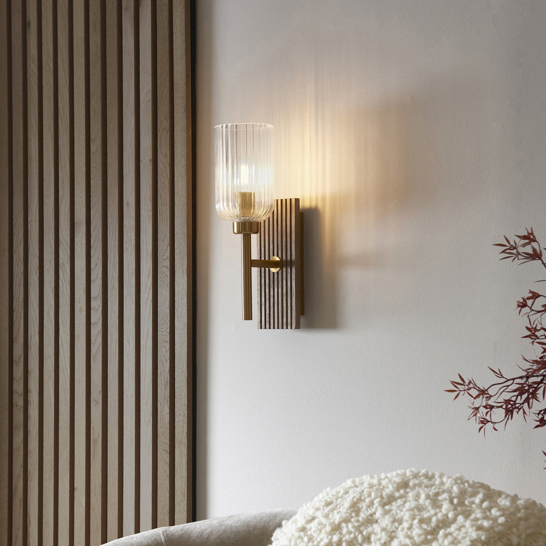 Endon 118365 Grove Wall Light Dark Beechwood & Vintage Brass With Clear Ribbed Glass