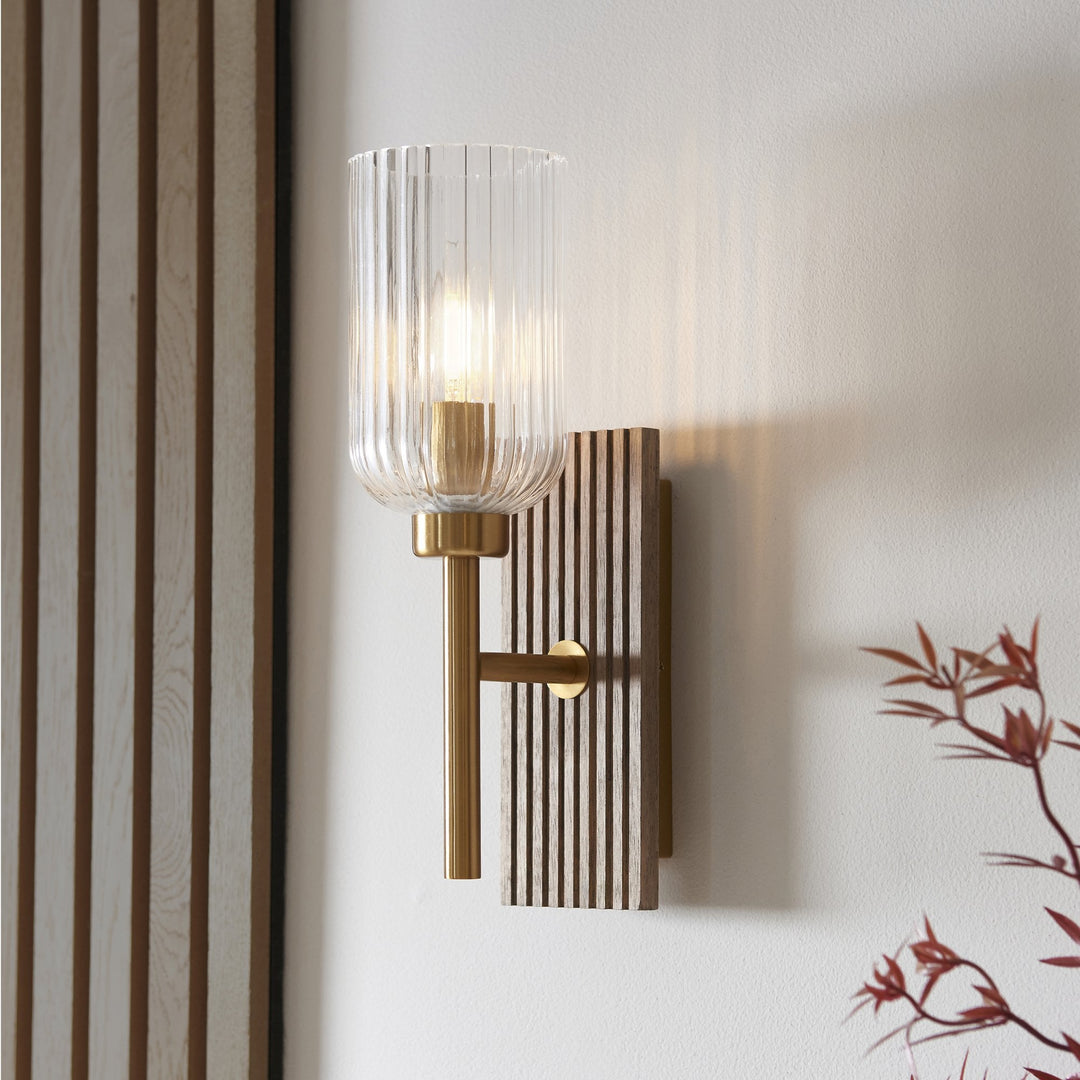 Endon 118365 Grove Wall Light Dark Beechwood & Vintage Brass With Clear Ribbed Glass