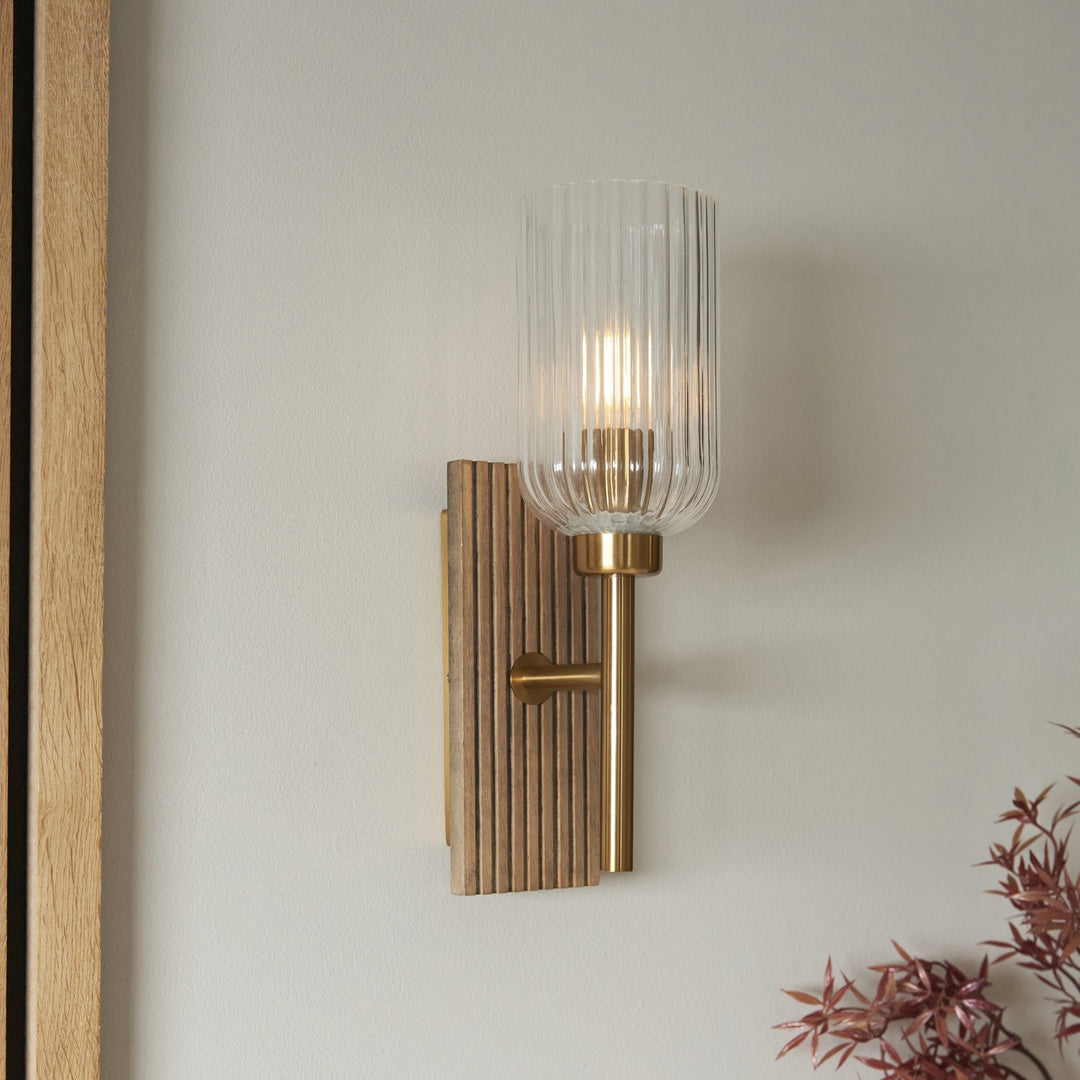 Endon 118365 Grove Wall Light Dark Beechwood & Vintage Brass With Clear Ribbed Glass