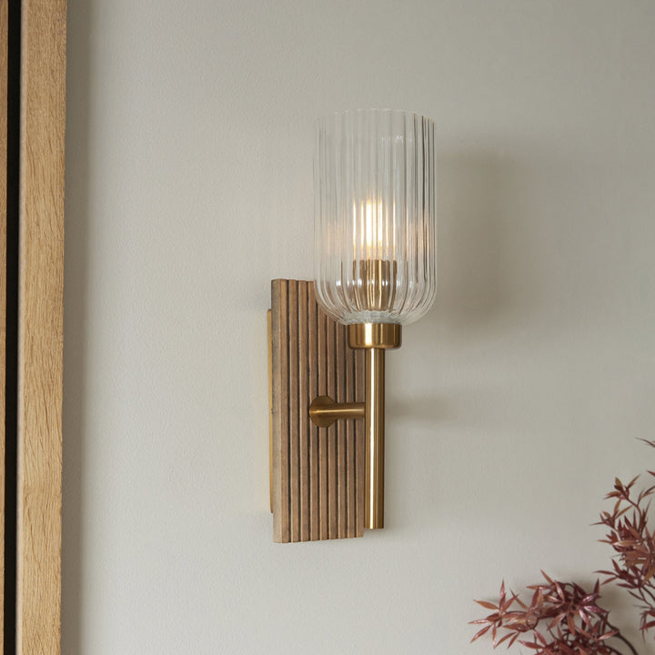 Endon 118365 Grove Wall Light Dark Beechwood & Vintage Brass With Clear Ribbed Glass