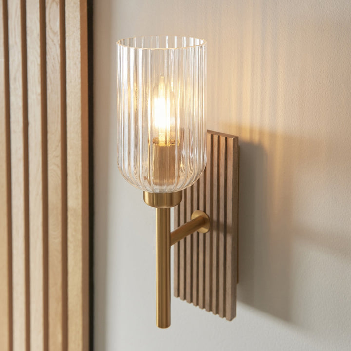 Endon 118365 Grove Wall Light Dark Beechwood & Vintage Brass With Clear Ribbed Glass