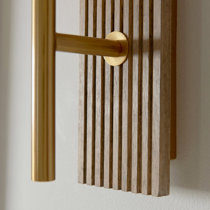 Endon 118365 Grove Wall Light Dark Beechwood & Vintage Brass With Clear Ribbed Glass