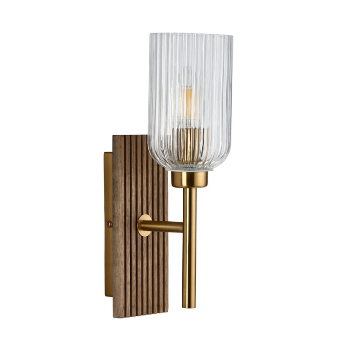 Endon 118365 Grove Wall Light Dark Beechwood & Vintage Brass With Clear Ribbed Glass