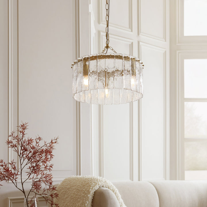 Endon 118467 Karine 3 Light Pendant Brushed Aged Brass Plate & Clear Handmade Textured Glass