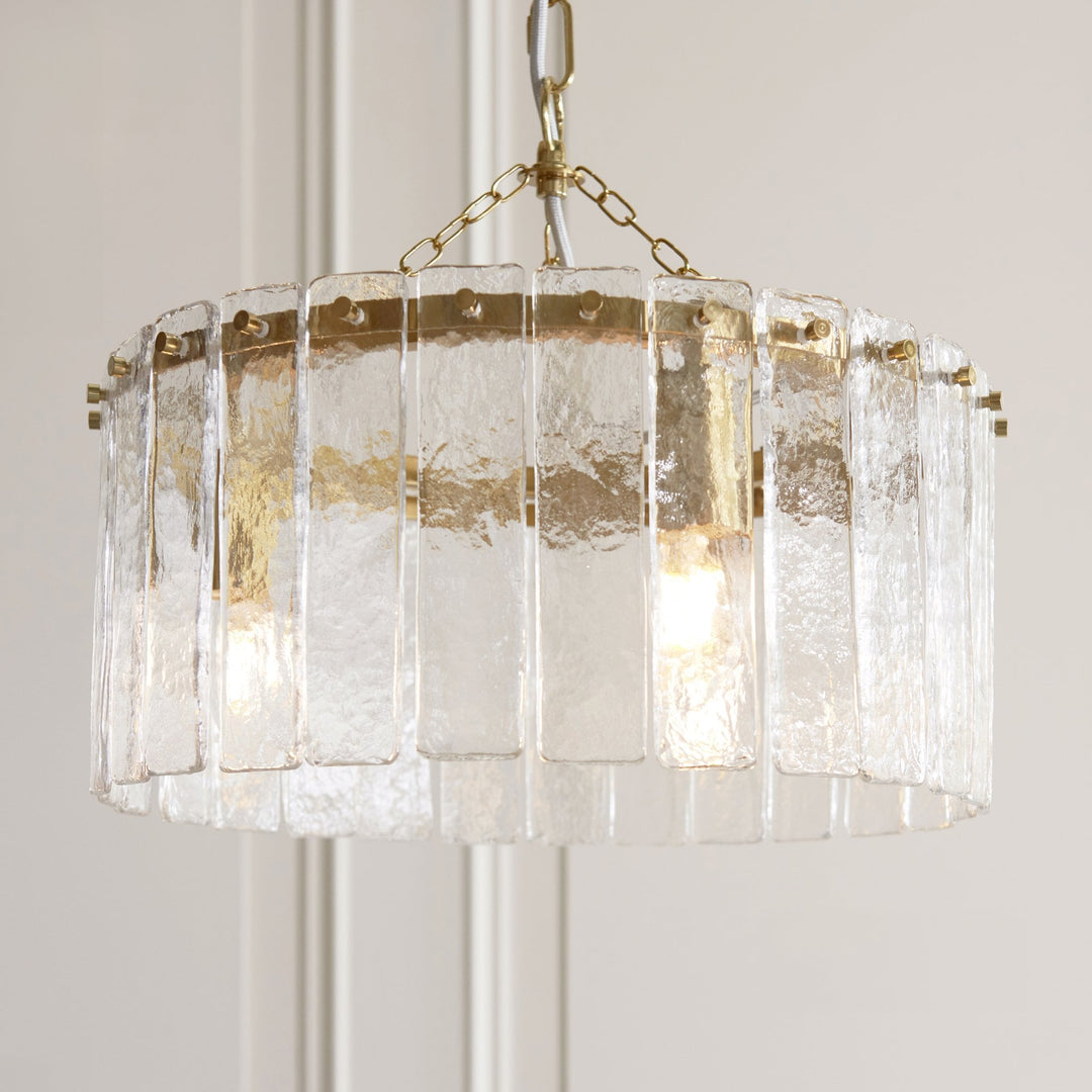 Endon 118467 Karine 3 Light Pendant Brushed Aged Brass Plate & Clear Handmade Textured Glass