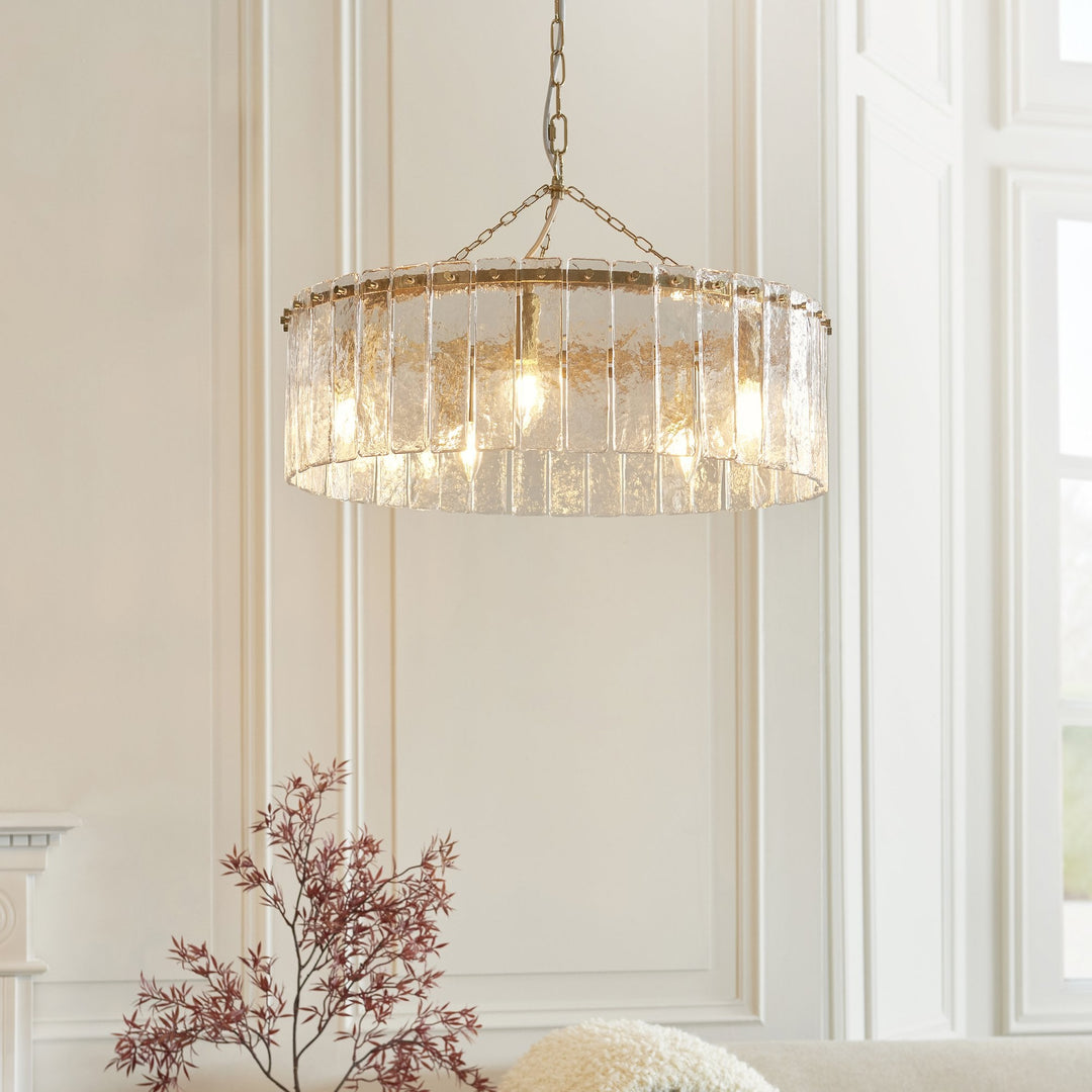 Endon 118468 Karine 5 Light Pendant Brushed Aged Brass Plate & Clear Handmade Textured Glass