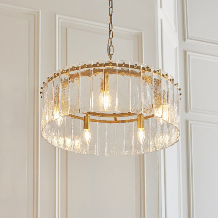 Endon 118468 Karine 5 Light Pendant Brushed Aged Brass Plate & Clear Handmade Textured Glass