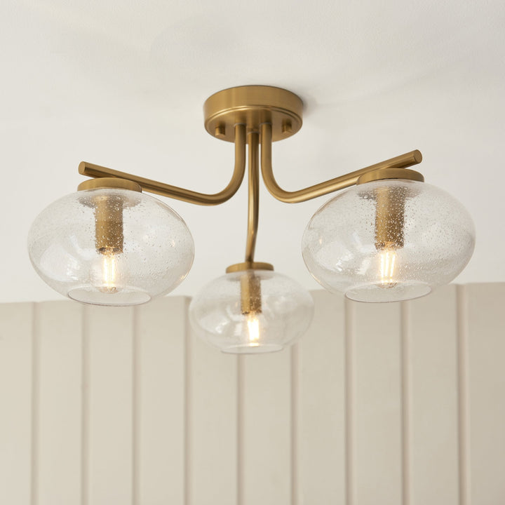 Endon 118507 Jacob 3 Light Semi Flush Ceiling Light Warm Brass Plate & Clear Bubble Glass