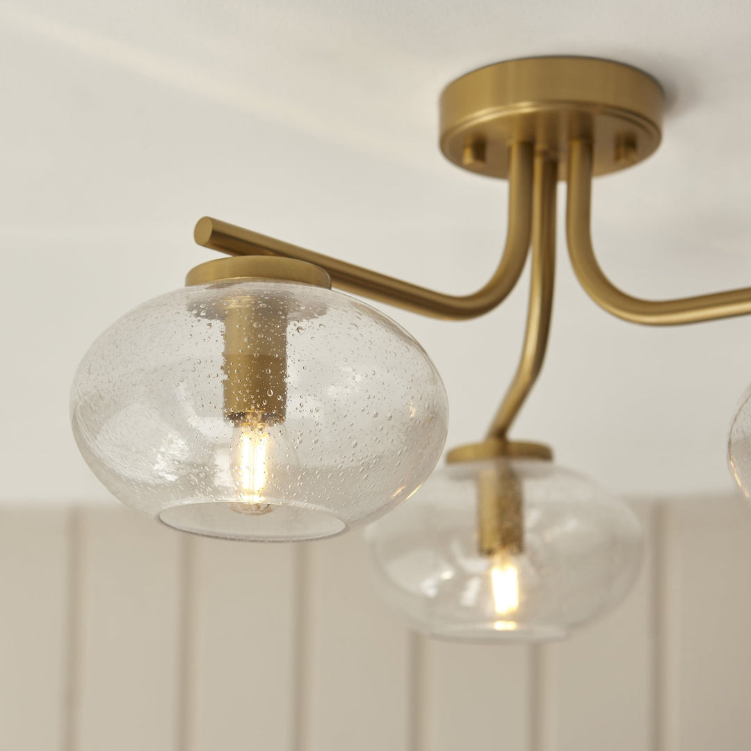 Endon 118507 Jacob 3 Light Semi Flush Ceiling Light Warm Brass Plate & Clear Bubble Glass