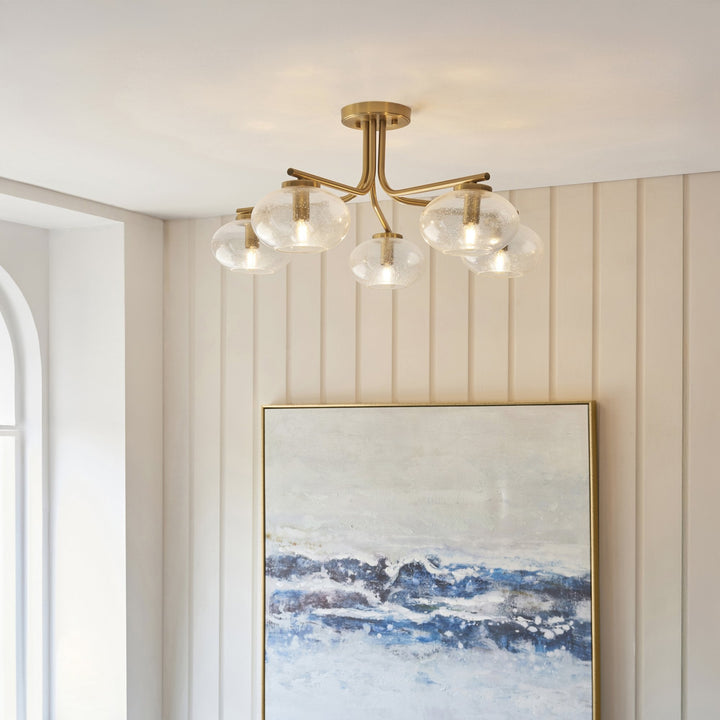 Endon 118508 Jacob 5 Light Semi Flush Ceiling Light Warm Brass Plate & Clear Bubble Glass
