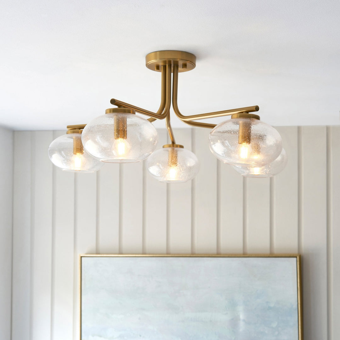 Endon 118508 Jacob 5 Light Semi Flush Ceiling Light Warm Brass Plate & Clear Bubble Glass