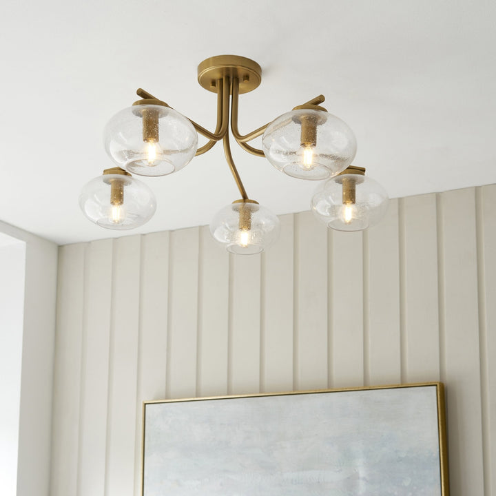 Endon 118508 Jacob 5 Light Semi Flush Ceiling Light Warm Brass Plate & Clear Bubble Glass