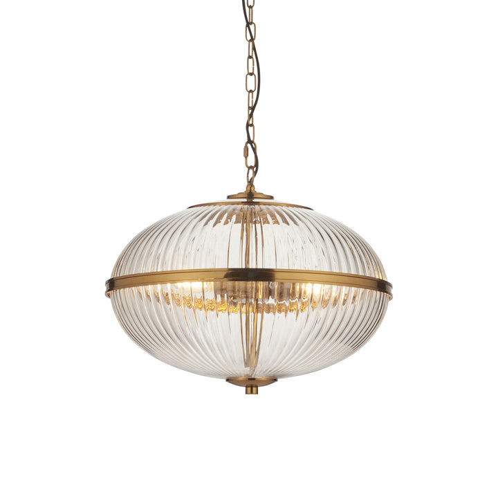 Endon 118580 Somerset 3 Light Pendant Vintage Brass Finish & Clear Ribbed Glass