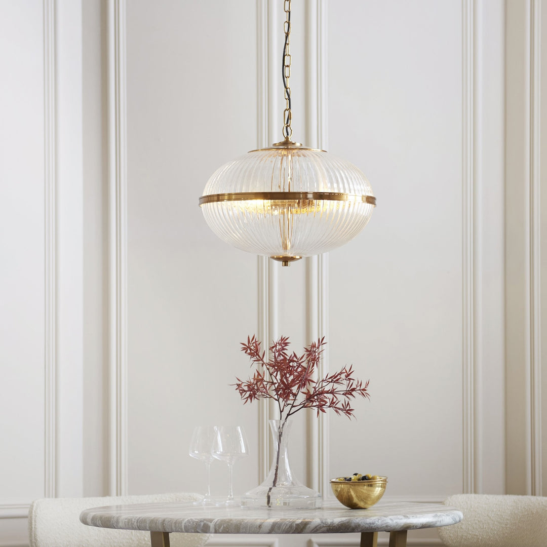 Endon 118580 Somerset 3 Light Pendant Vintage Brass Finish & Clear Ribbed Glass