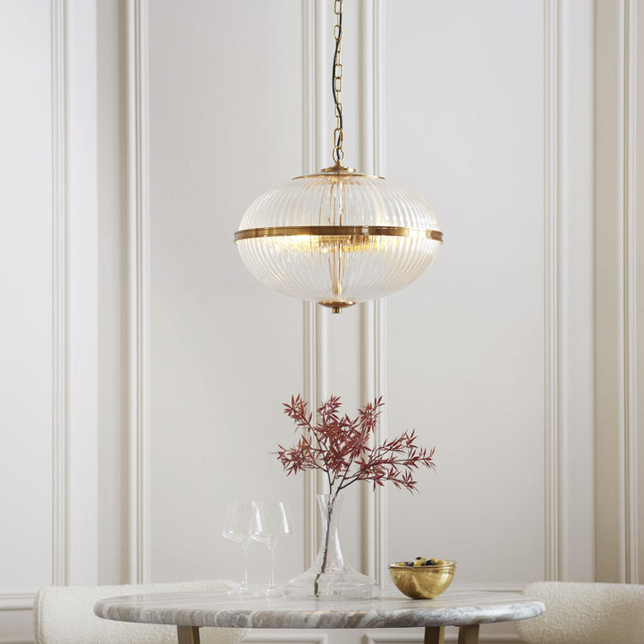 Endon 118580 Somerset 3 Light Pendant Vintage Brass Finish & Clear Ribbed Glass