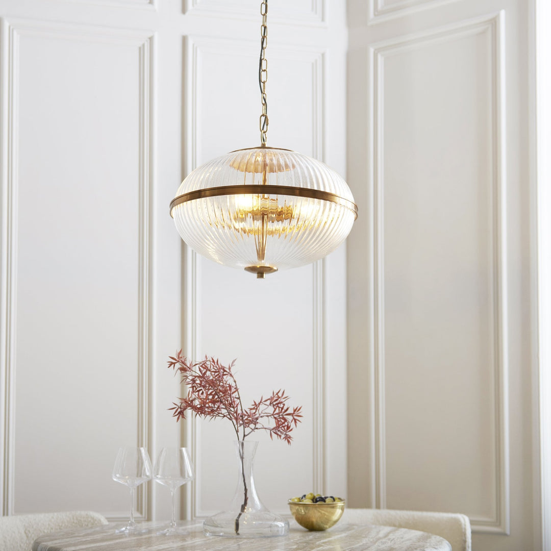 Endon 118580 Somerset 3 Light Pendant Vintage Brass Finish & Clear Ribbed Glass