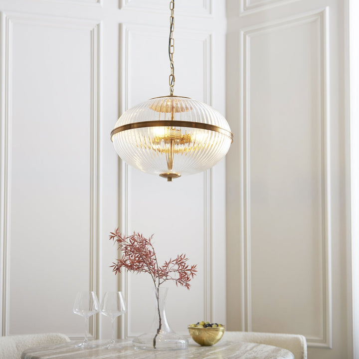 Endon 118580 Somerset 3 Light Pendant Vintage Brass Finish & Clear Ribbed Glass