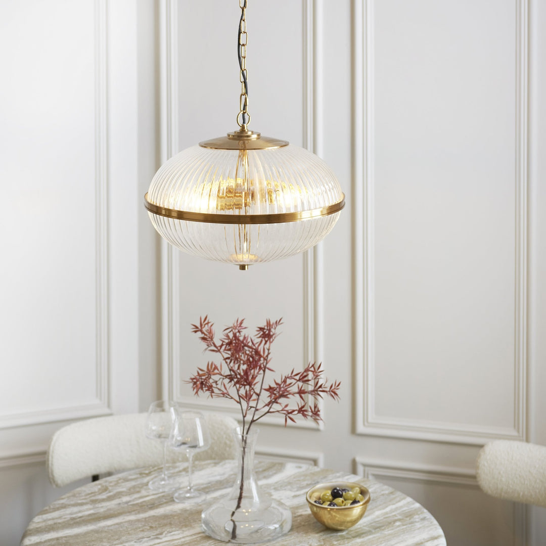 Endon 118580 Somerset 3 Light Pendant Vintage Brass Finish & Clear Ribbed Glass