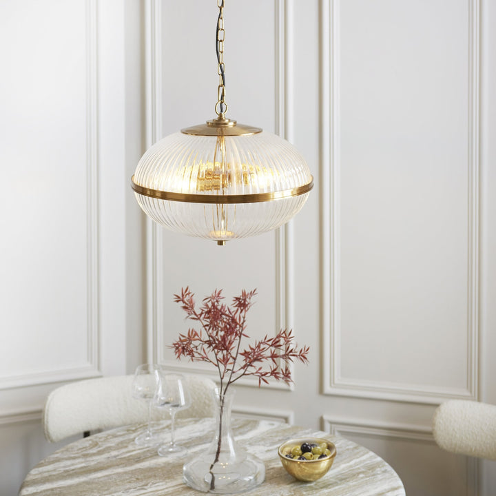 Endon 118580 Somerset 3 Light Pendant Vintage Brass Finish & Clear Ribbed Glass