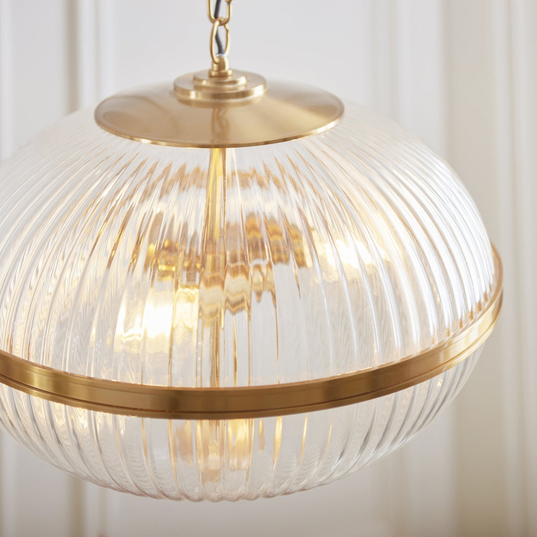 Endon 118580 Somerset 3 Light Pendant Vintage Brass Finish & Clear Ribbed Glass