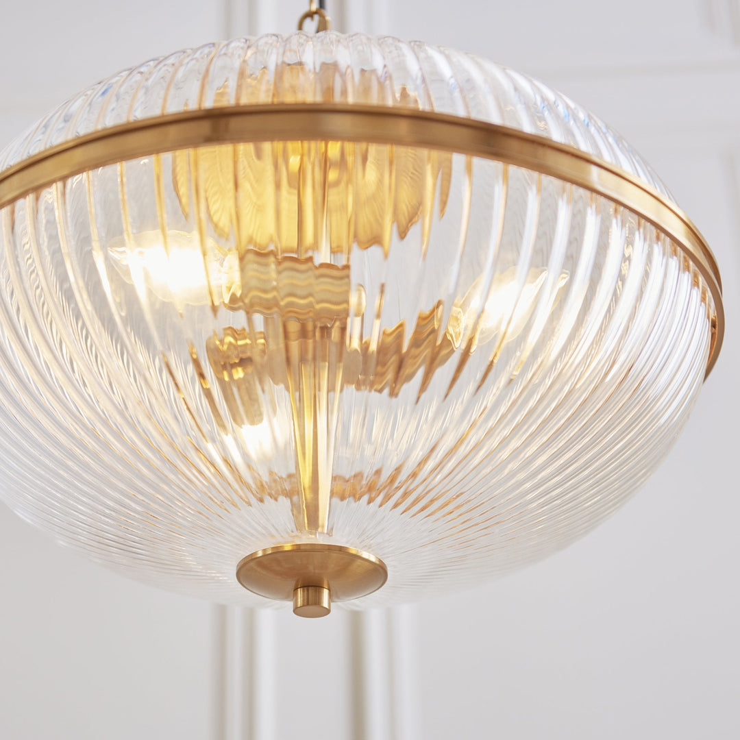 Endon 118580 Somerset 3 Light Pendant Vintage Brass Finish & Clear Ribbed Glass