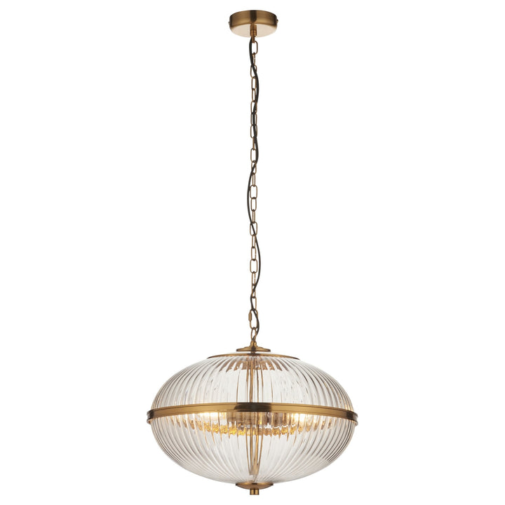 Endon 118580 Somerset 3 Light Pendant Vintage Brass Finish & Clear Ribbed Glass