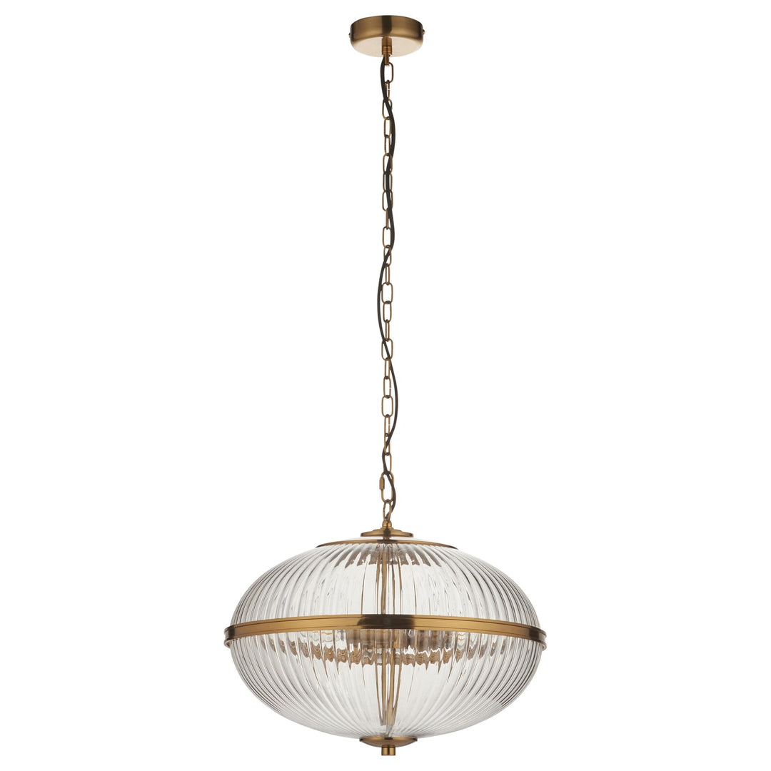 Endon 118580 Somerset 3 Light Pendant Vintage Brass Finish & Clear Ribbed Glass