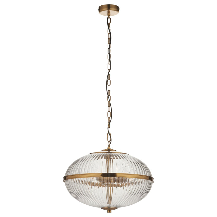 Endon 118580 Somerset 3 Light Pendant Vintage Brass Finish & Clear Ribbed Glass
