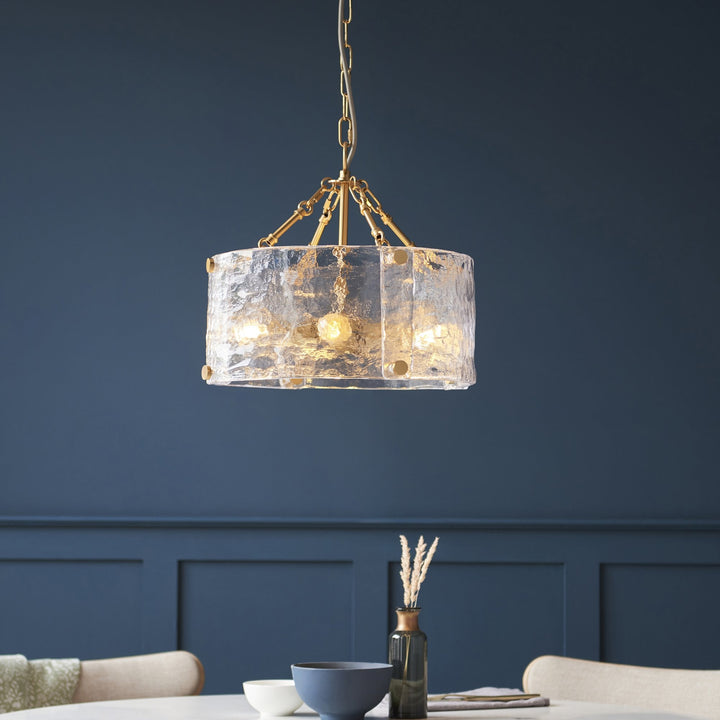 Endon 118583 Keller 4 Light Pendant Brushed Aged Brass Plate & Handmade Textured Clear Glass