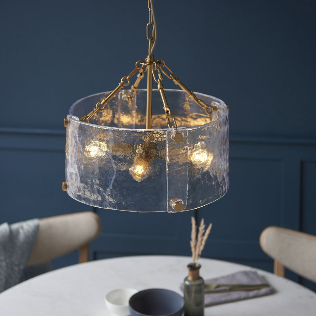 Endon 118583 Keller 4 Light Pendant Brushed Aged Brass Plate & Handmade Textured Clear Glass