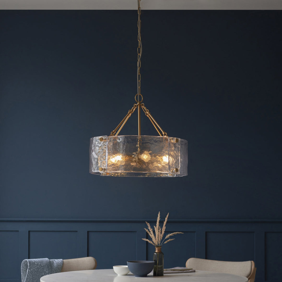 Endon 118584 Keller 6 Light Pendant Brushed Aged Brass Plate & Handmade Textured Clear Glass
