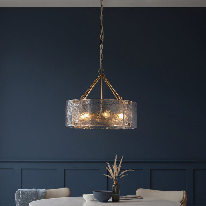 Endon 118584 Keller 6 Light Pendant Brushed Aged Brass Plate & Handmade Textured Clear Glass