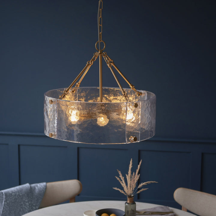Endon 118584 Keller 6 Light Pendant Brushed Aged Brass Plate & Handmade Textured Clear Glass
