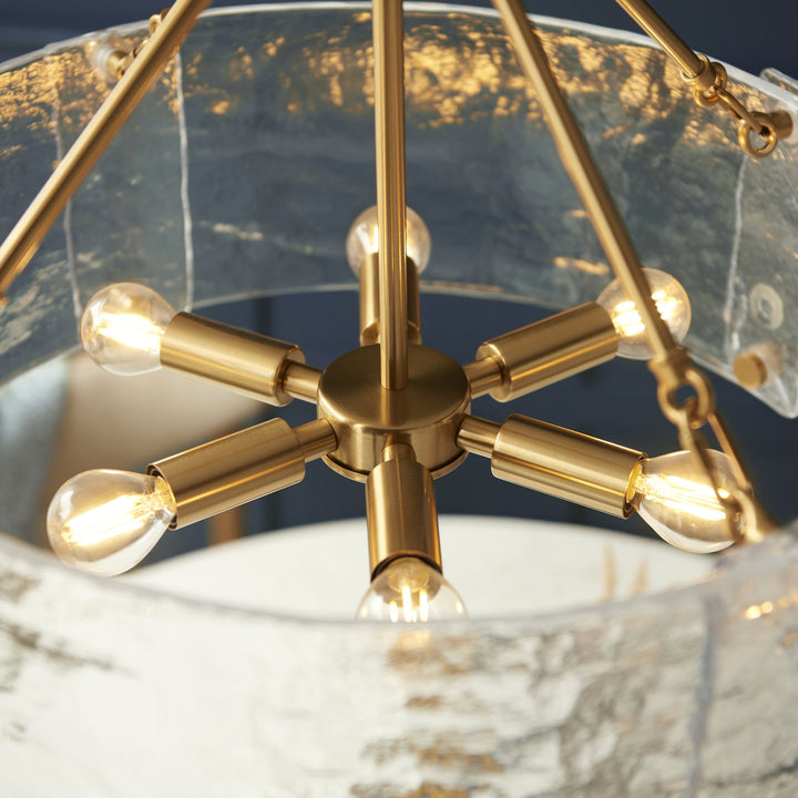 Endon 118584 Keller 6 Light Pendant Brushed Aged Brass Plate & Handmade Textured Clear Glass