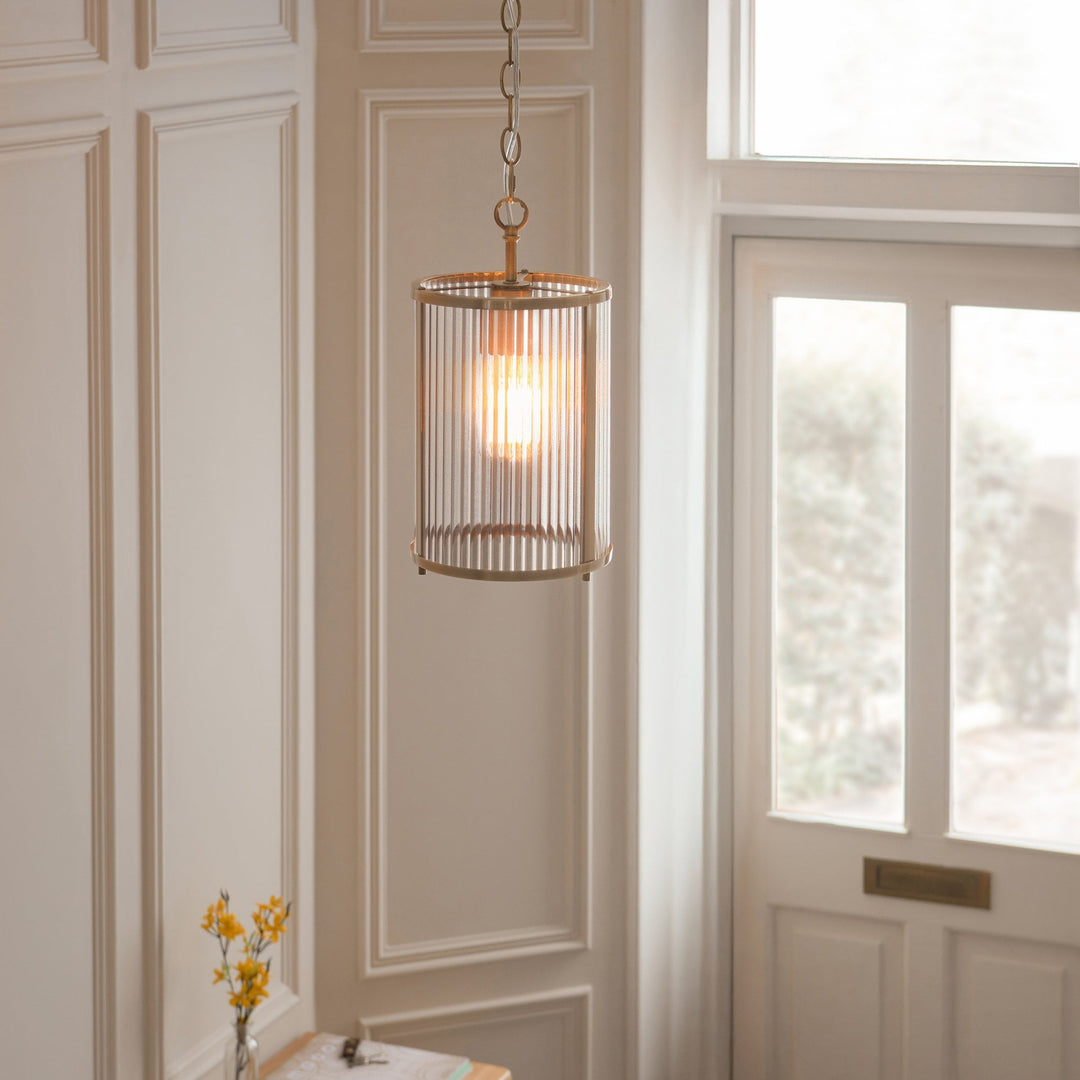 Endon 118595 Ridgeton Pendant Antique Brass Plate & Clear Ribbed Glass