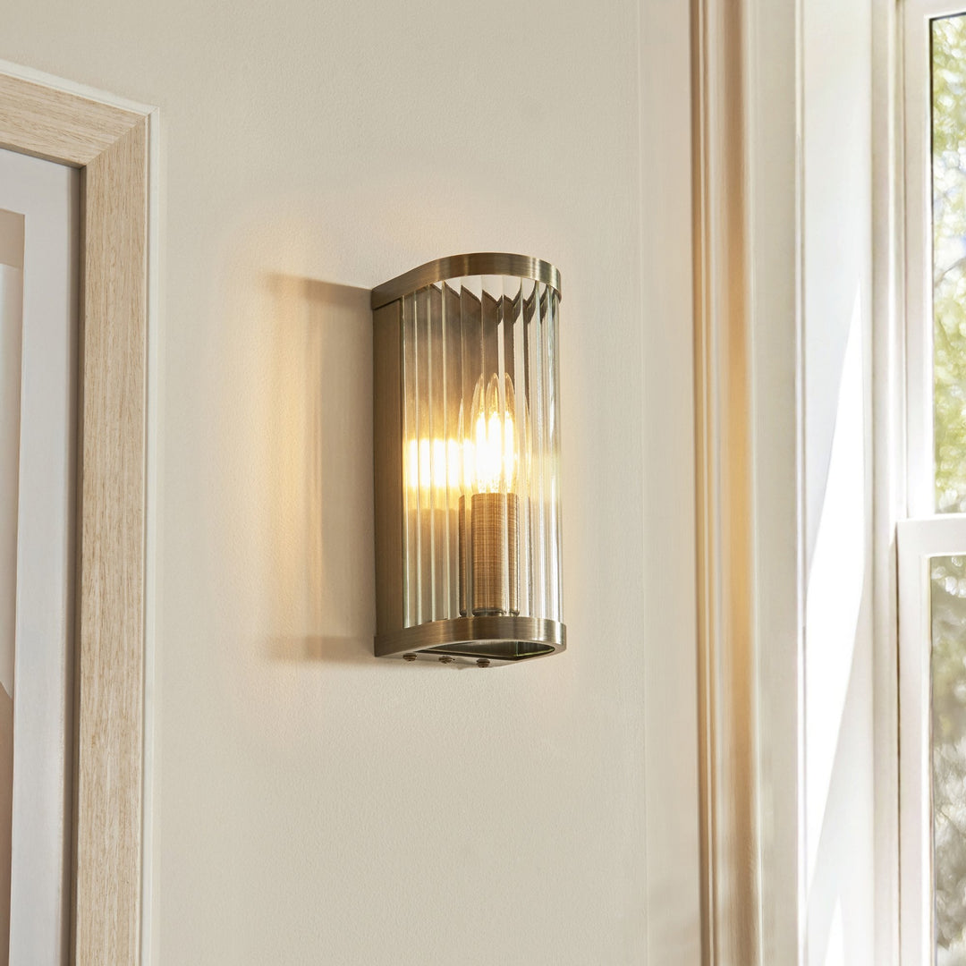 Endon 118596 Ridgeton Wall Light Antique Brass Plate & Clear Ribbed Glass