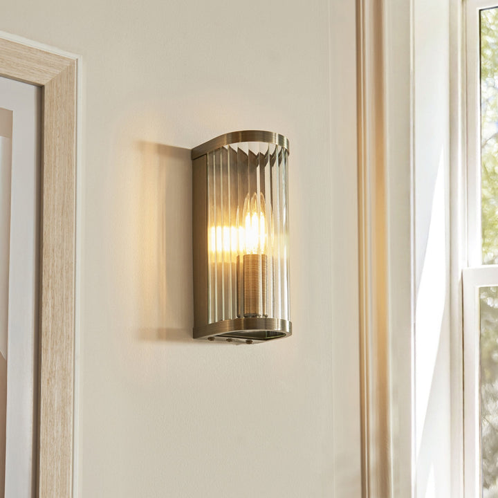 Endon 118596 Ridgeton Wall Light Antique Brass Plate & Clear Ribbed Glass